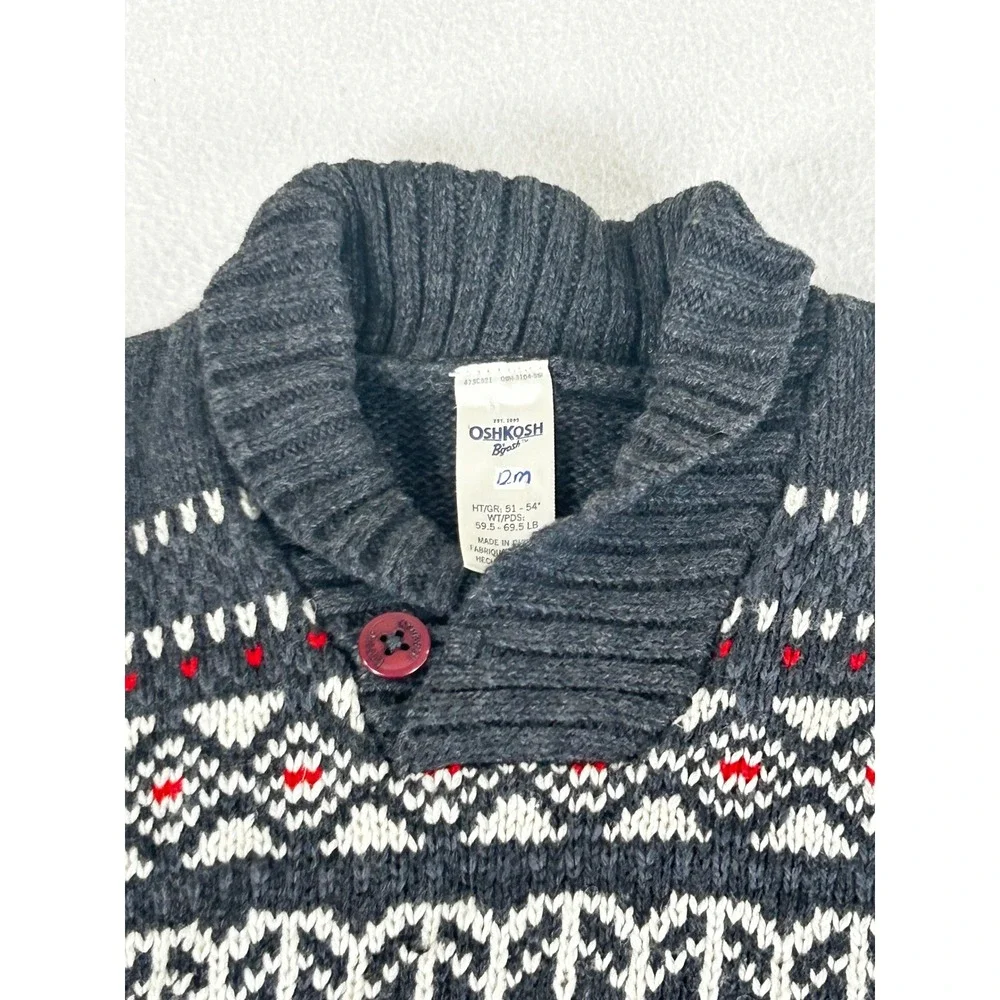 OshKosh Bgosh Boys 12M Fair Isle Shawl Collar Sweater Grey Cotton 433C327 NWT